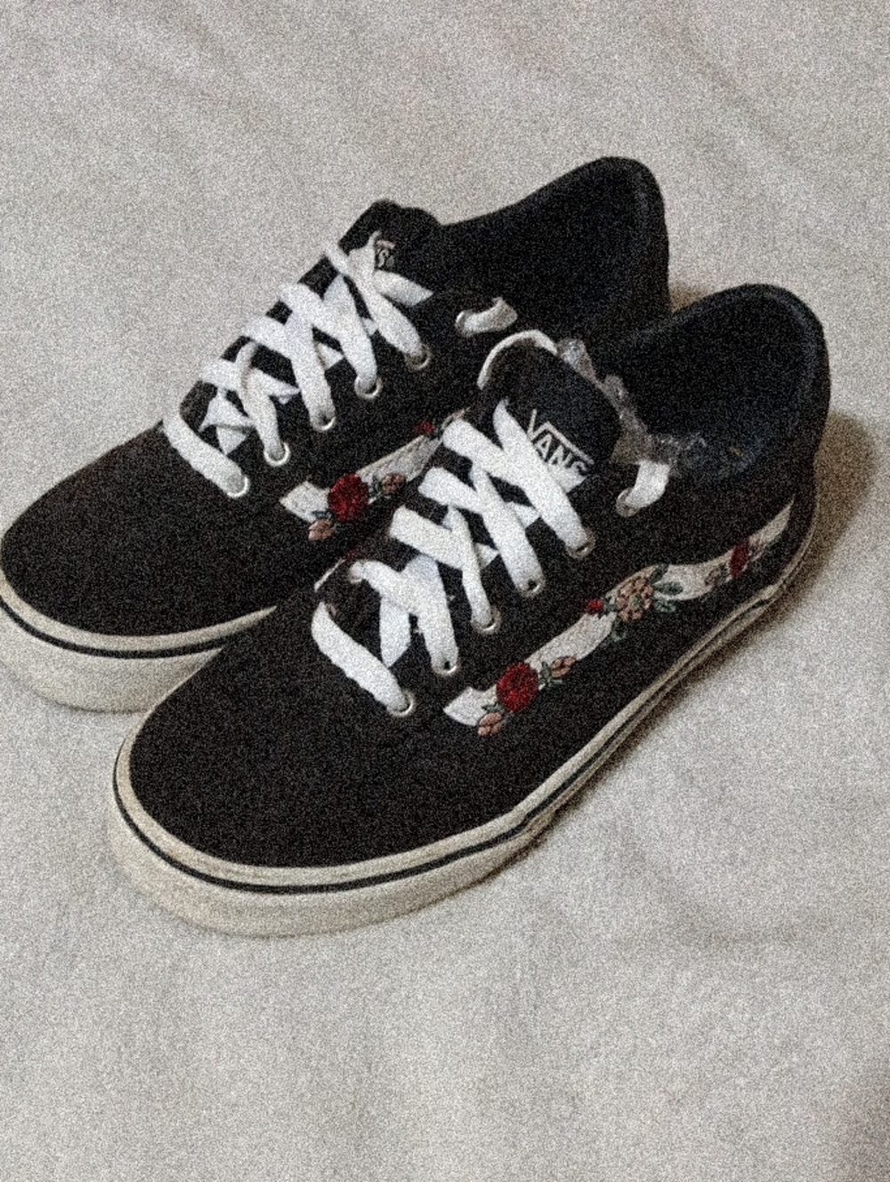 Vans Black Sneakers with White Laces and Floral Side Stripe